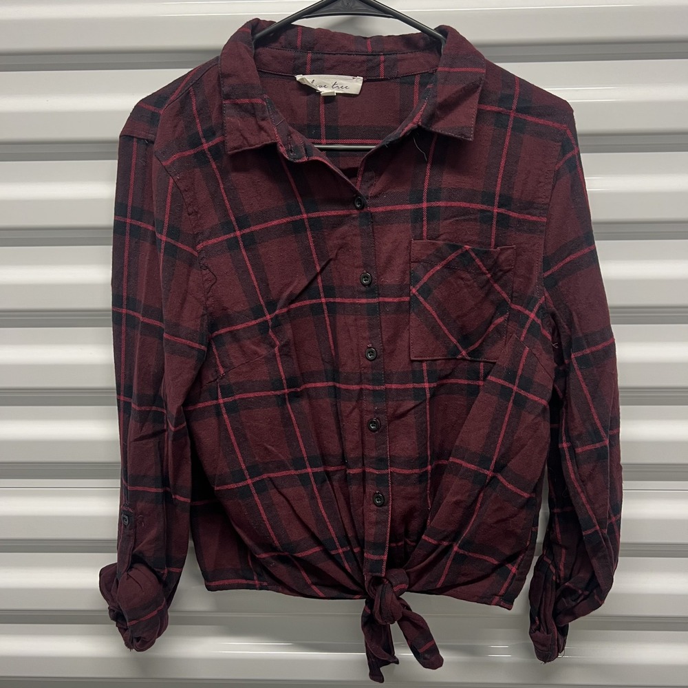 Love Tree Womens Plaid Shirt Large Cotton Burgundy Black Tie Front Flannel Style
